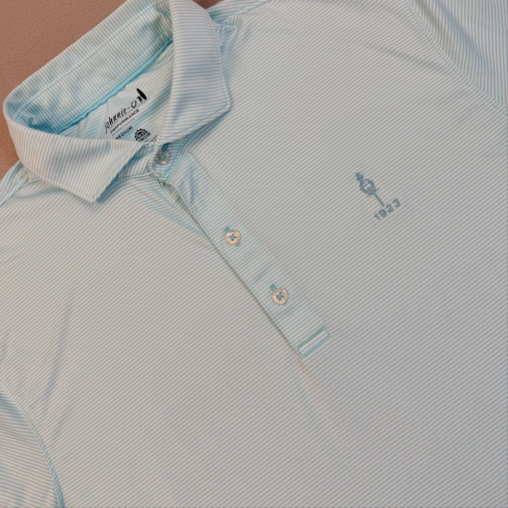 Johnnie-O Performance Polo Shirt Mens Medium Blue Stripe Golf Stretch UPF50